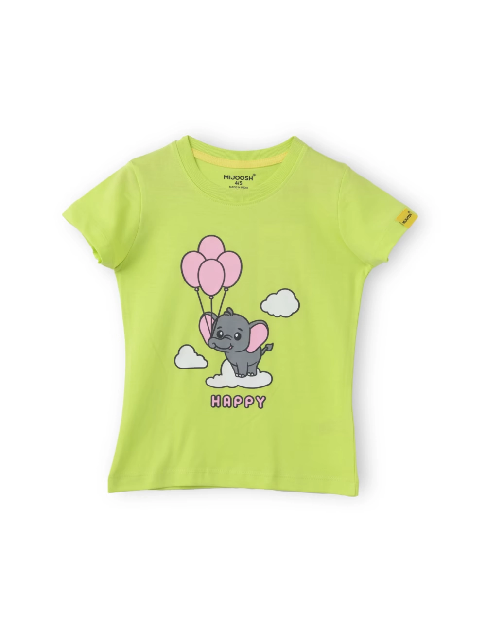 Girls T shirt Cotton Acid Lime Green Happy Baby Elephant - Image 3
